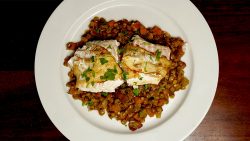 pan fried cod on lentils