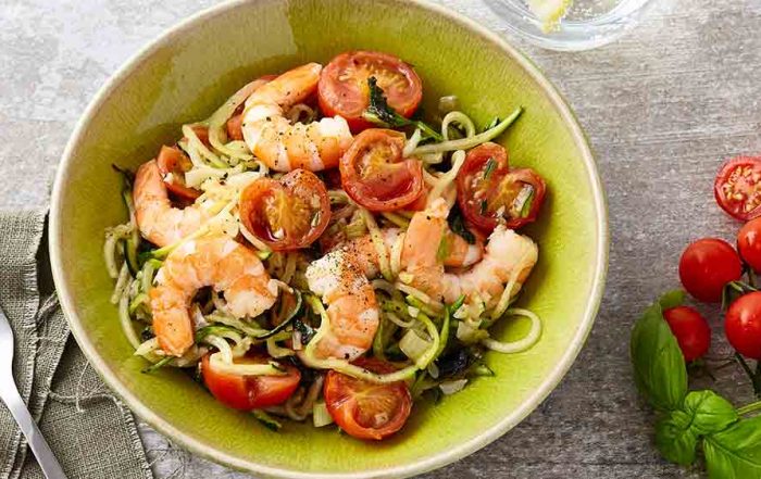 prawn courgetti in a bowl ready to eat