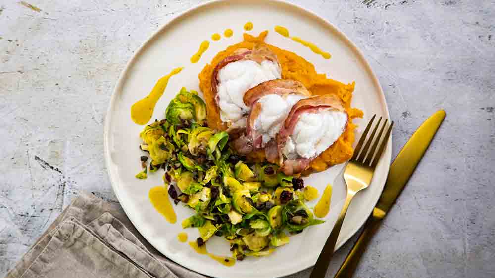 Festive Fish Recipe for monkfish bacon and sprouts