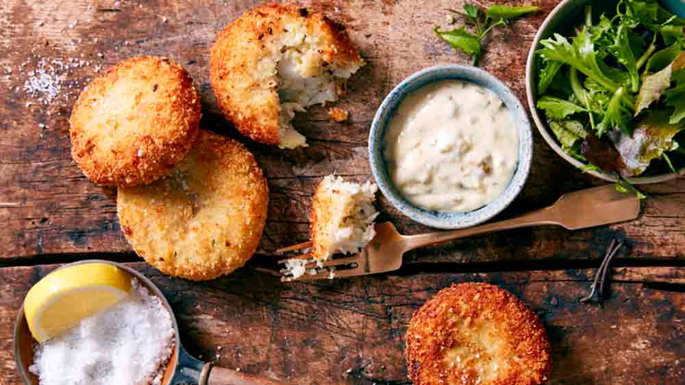 classic fishcakes on a board