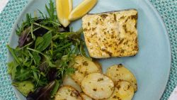 roast turbot with potatoes and salad