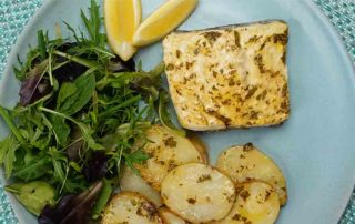 roast turbot with potatoes and salad